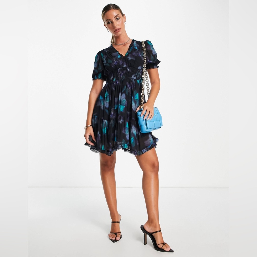 AllSaints Via Cordelia shirred dress in black with butterfly print size 4 fairy